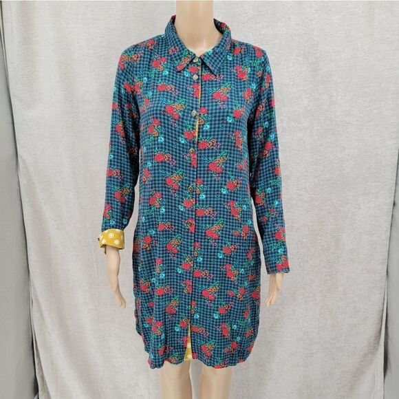 Matilda Jane Dark Teal Blsck Gingham and Floral Button Up Shirt Midi Dress - Picture 2 of 13